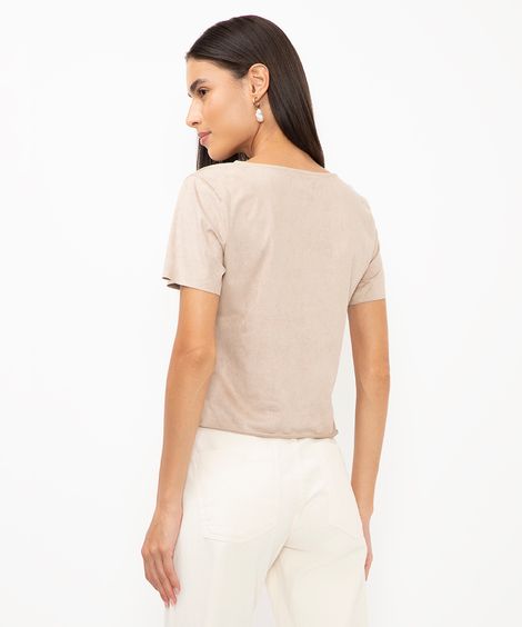 cropped de suede manga curta nude - cinza claro