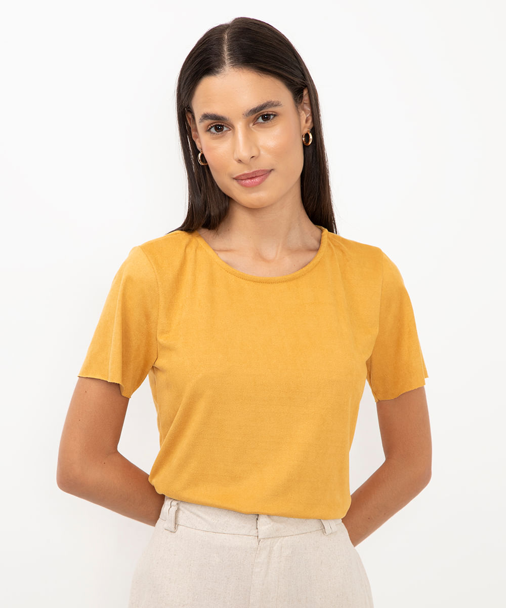 cropped de suede manga curta nude - mostarda