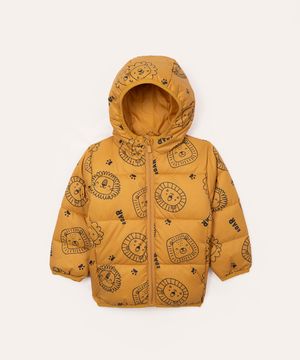 jaqueta puffer infantil com capuz leão amarelo