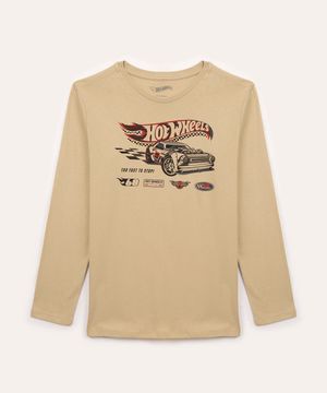 camiseta de algodão infantil manga longa hot wheels bege
