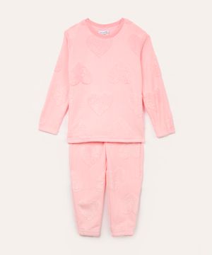 pijama de fleece infantil coração rosa claro
