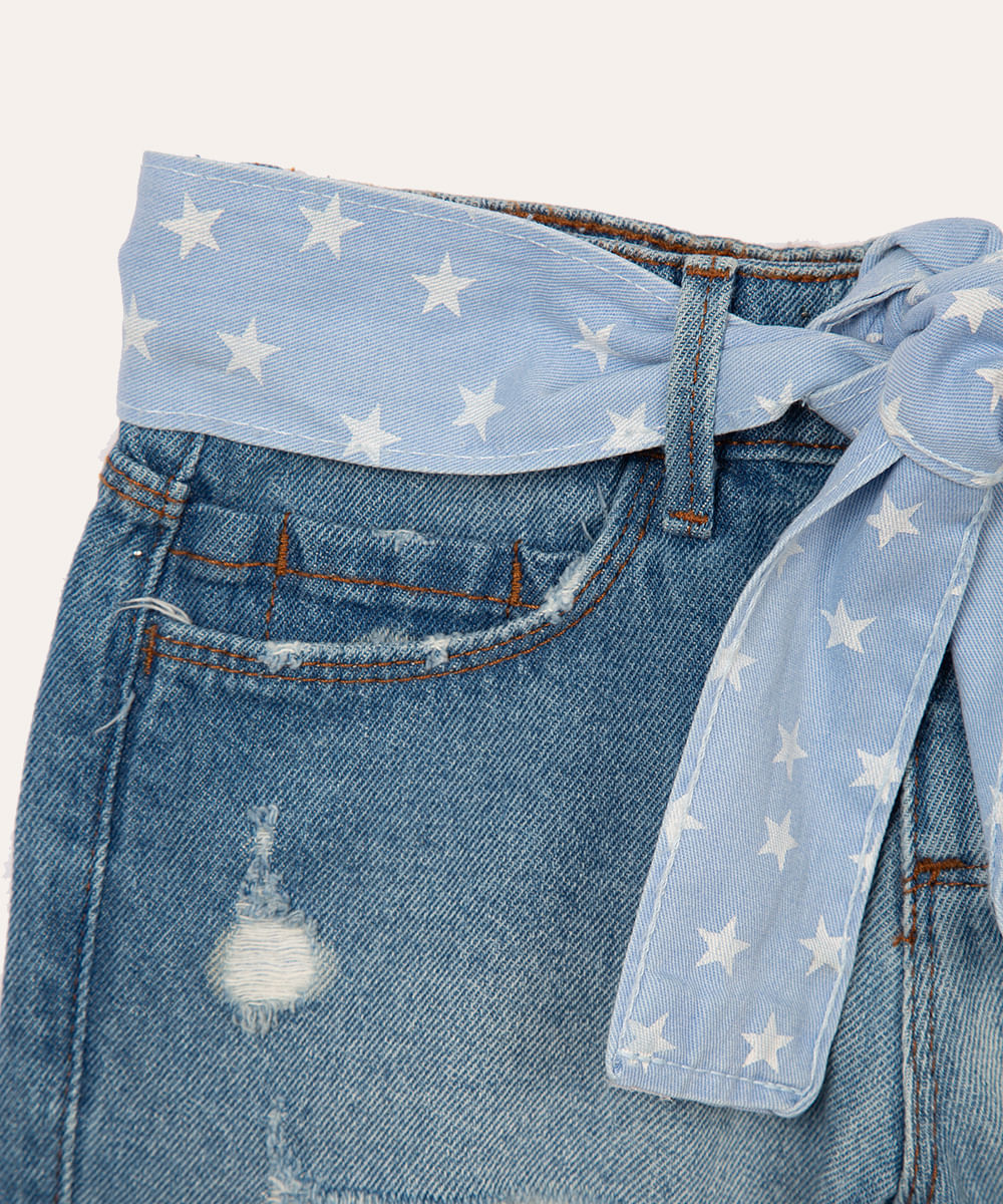 short infantil jeans cinto faixa estrela azul