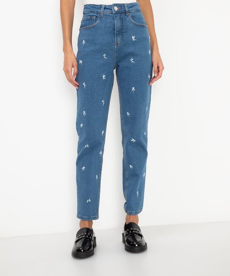 calça jeans mom bordado floral cintura super alta azul