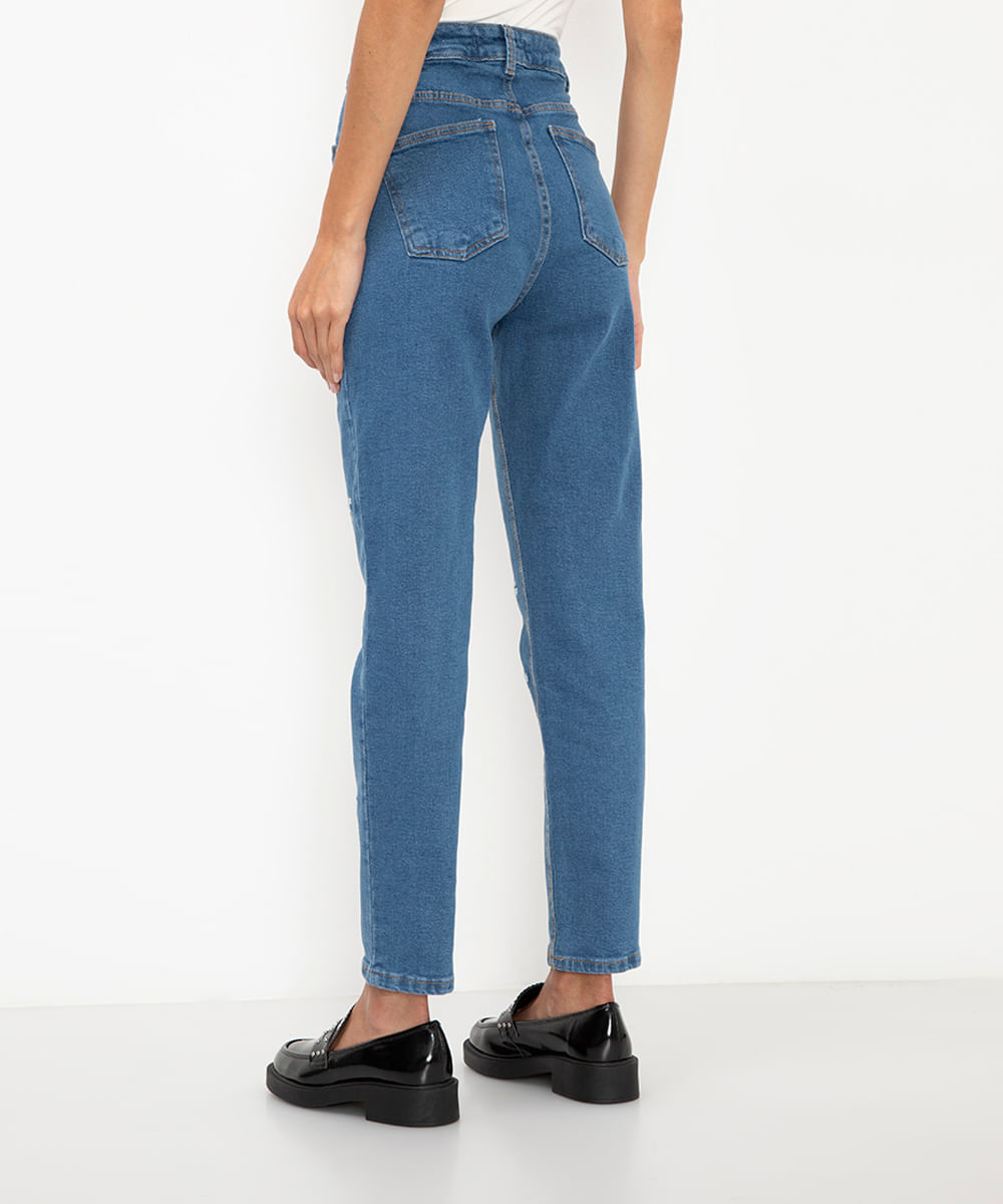 calça jeans mom bordado floral cintura super alta azul