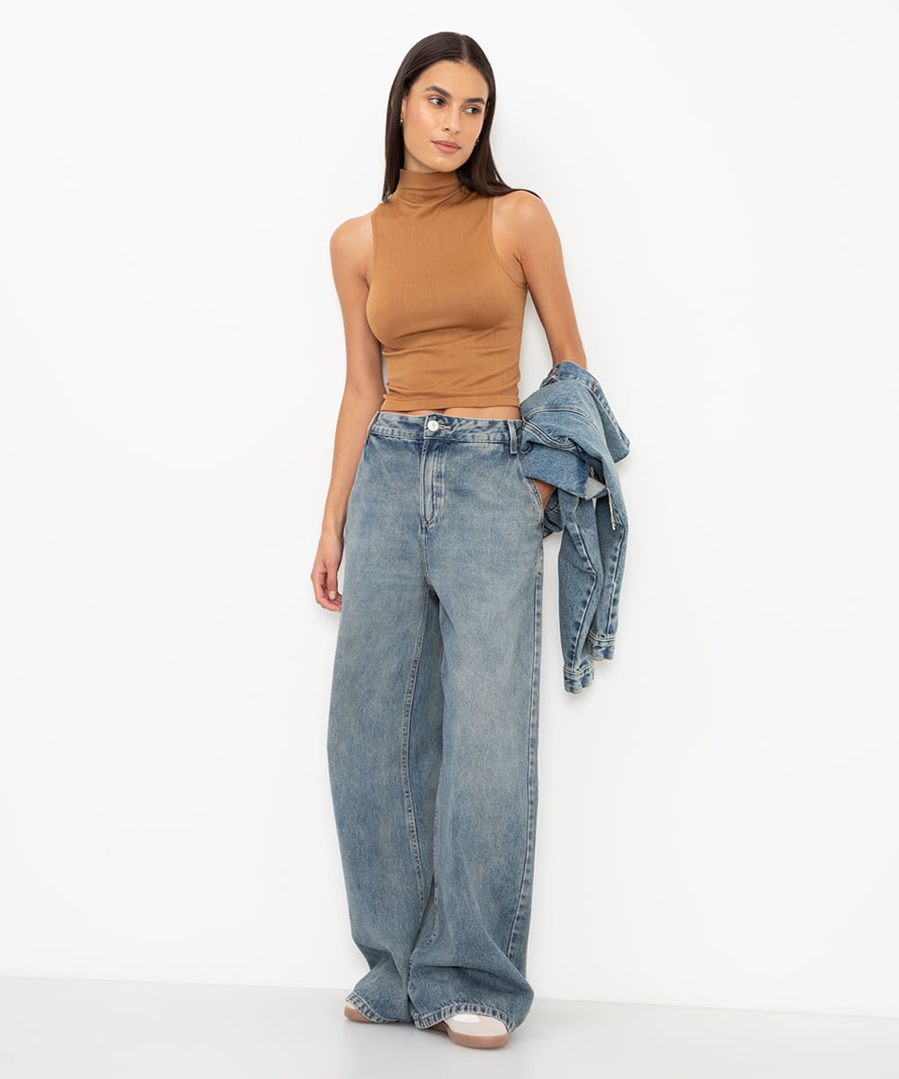 cropped de poliamida gola alta marrom