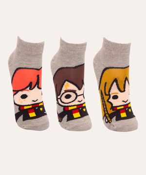 kit de 3 pares de meias cano baixo harry potter colorido