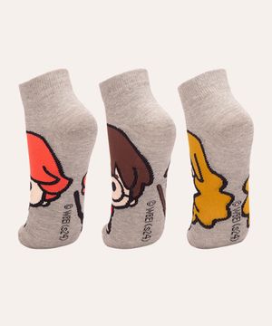 kit de 3 pares de meias cano baixo harry potter colorido