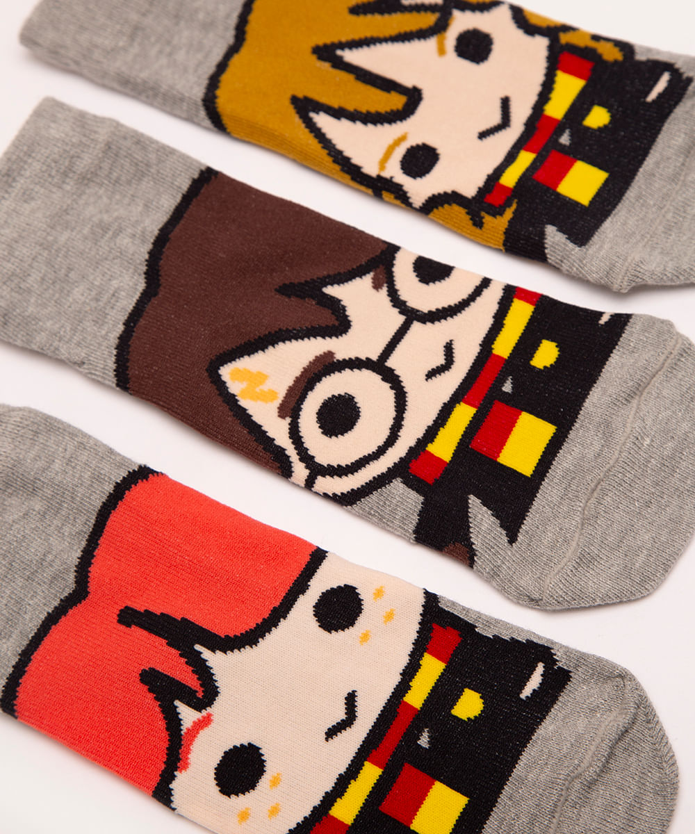 kit de 3 pares de meias cano baixo harry potter colorido