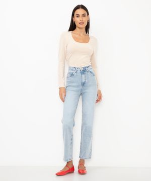 calça jeans reta cintura super alta - jeans claro