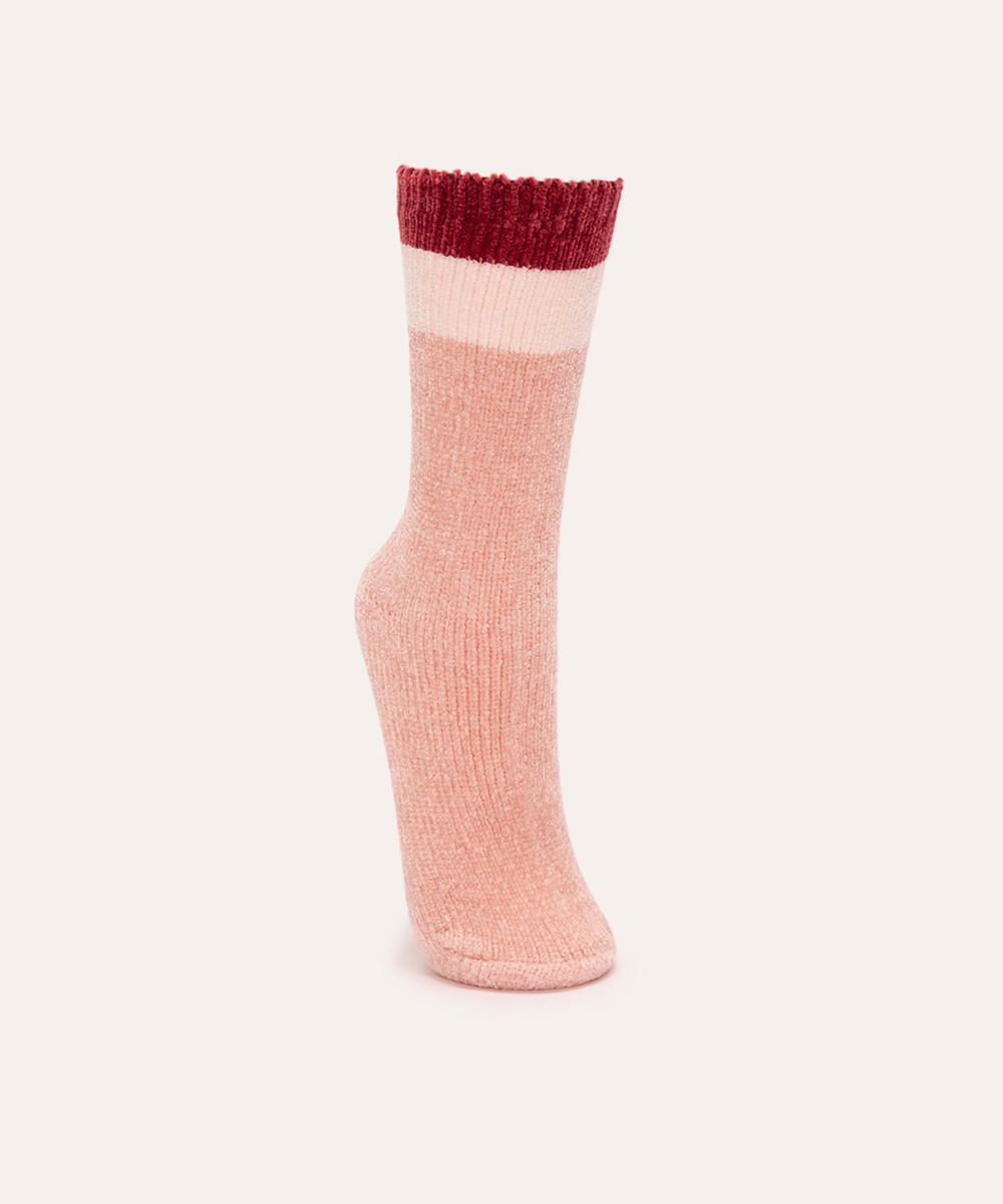 meia inverno chenille cano alto antiderrapante rosa