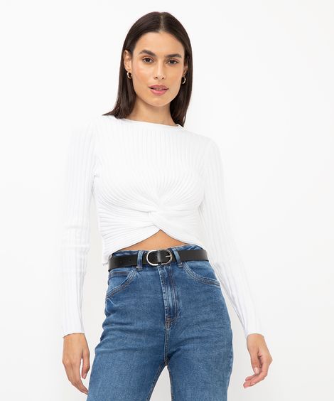 blusa de tricot canelada com nó off white