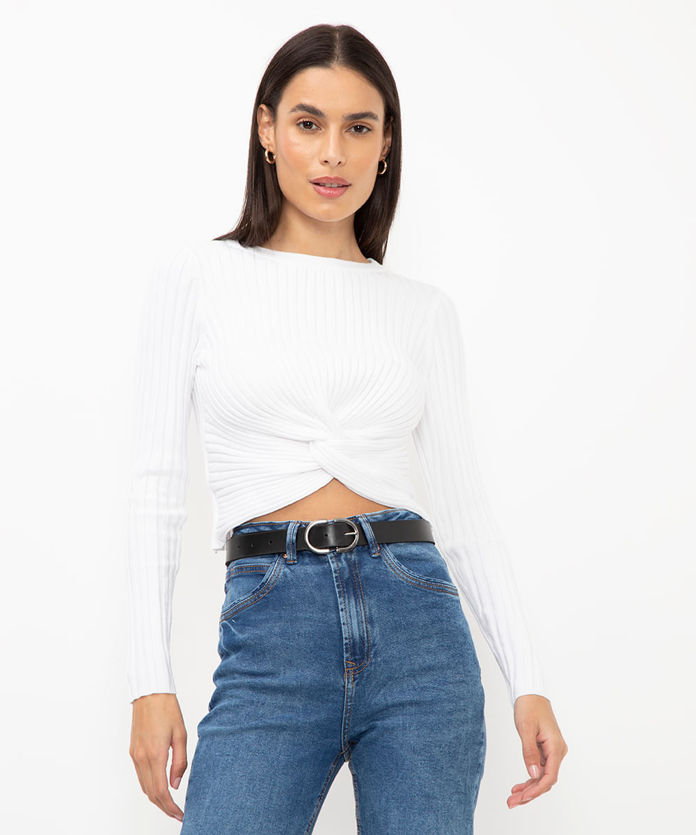 blusa de tricot canelada com nó off white