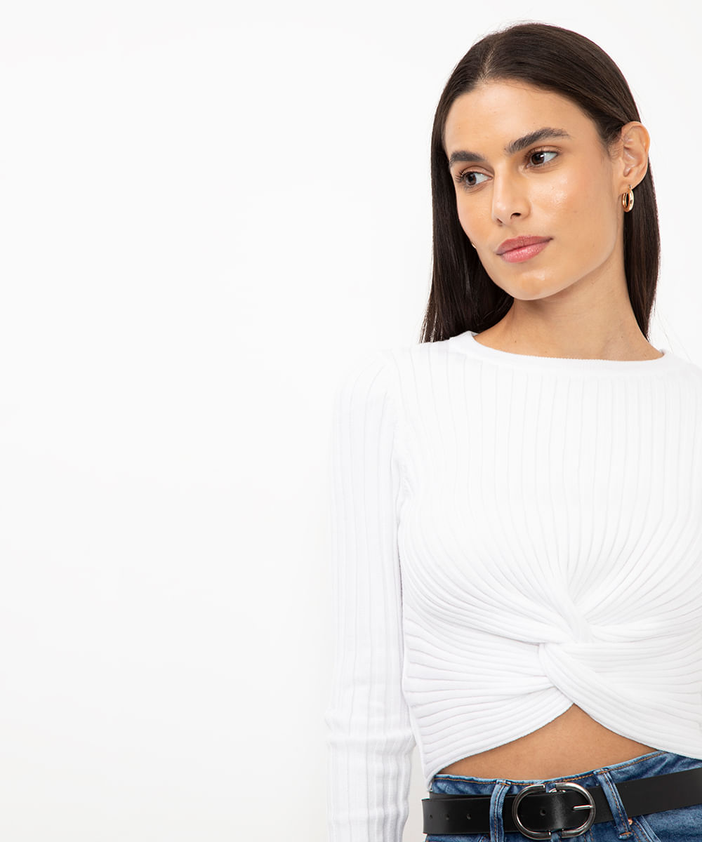 blusa de tricot canelada com nó off white