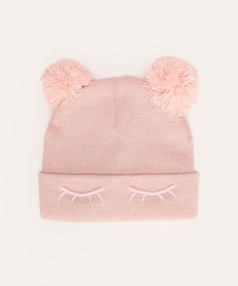 gorro infantil de tricot com pompom - rosa