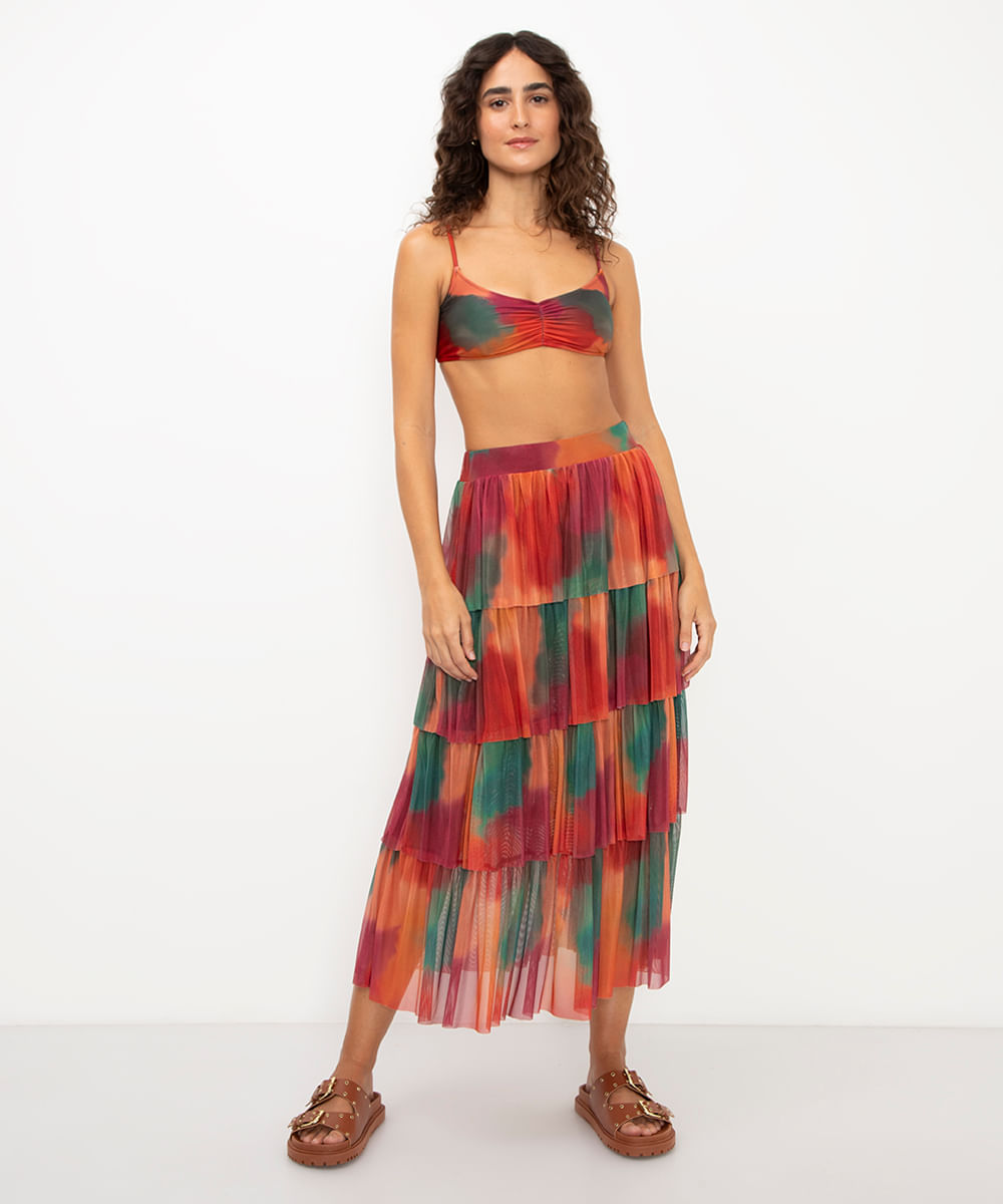 saia midi de tule com babados vermelha