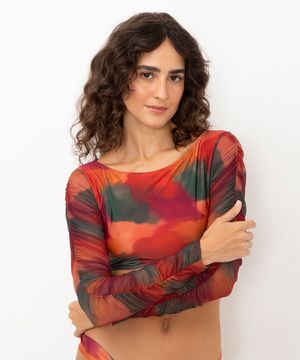 cropped de tule marmorizado com franzido vermelho