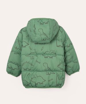 jaqueta puffer infantil com capuz dinossauro verde