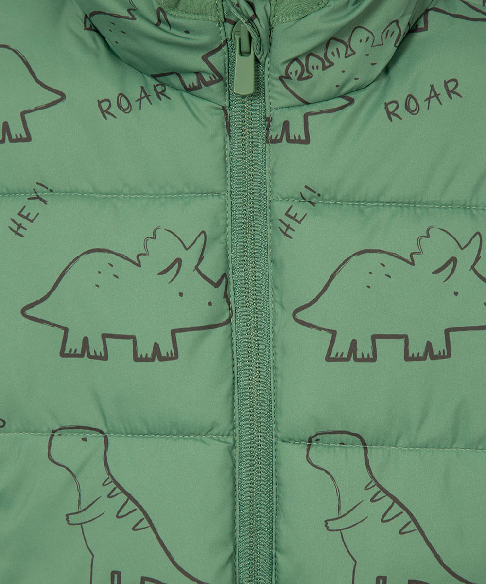 jaqueta puffer infantil com capuz dinossauro verde