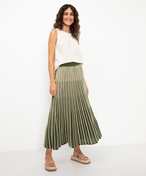 saia midi godê de tricot listrado bege