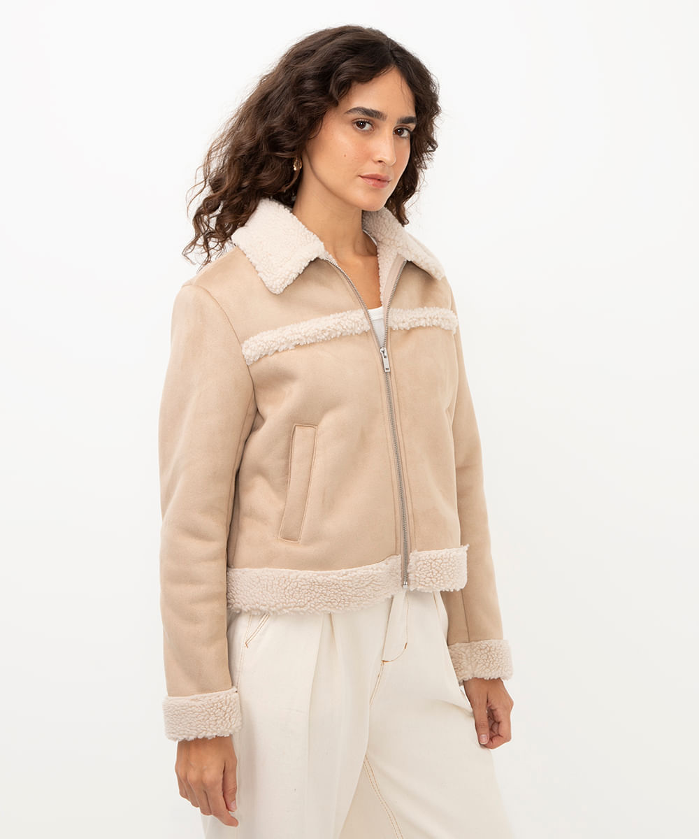 jaqueta de suede com pelos bege
