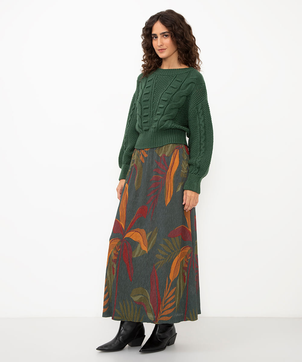 saia longa plissada floral cintura alta verde