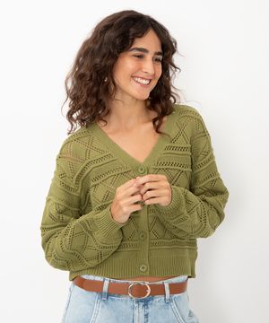 cardigan de tricot com botões verde militar