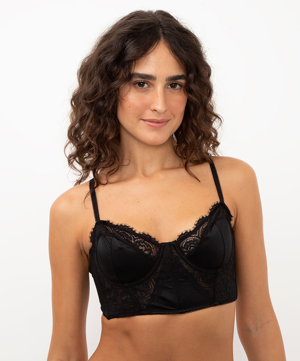 sutiã cropped acetinado com renda preto