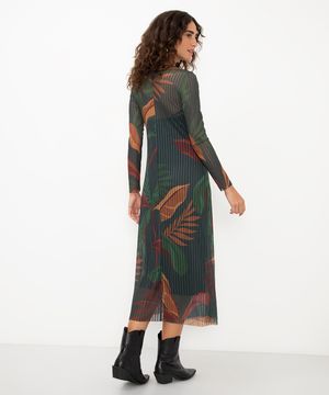 vestido midi de tule canelado folhagens verde