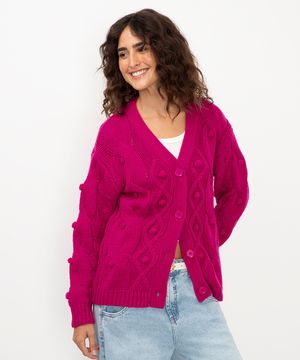 cardigan de tricot cables e bolinhas roxo