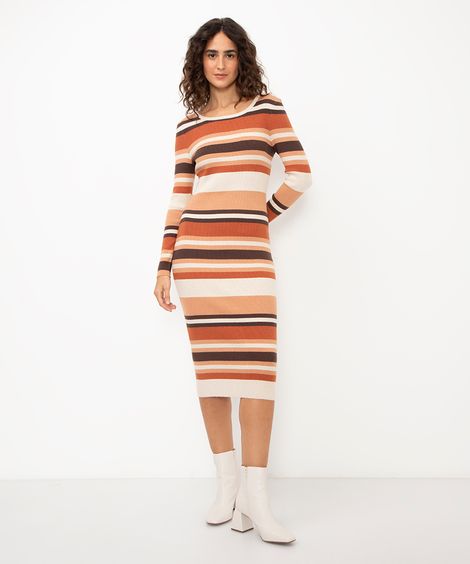 vestido midi de tricot canelado listrado bege