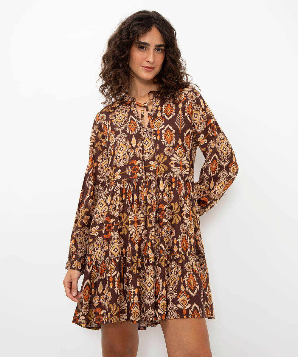 vestido curto de algodão étnico manga bufante marrom
