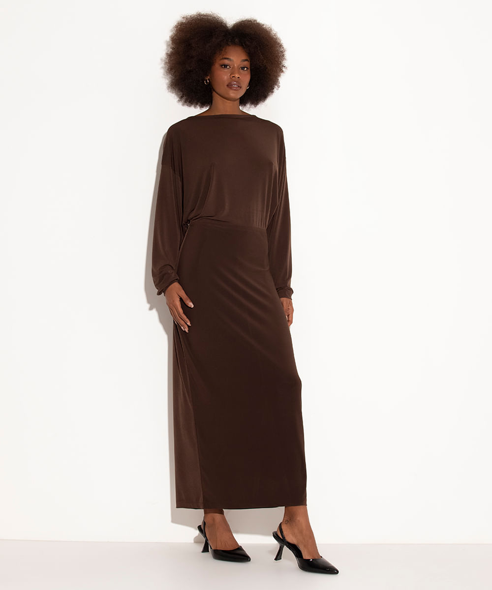 vestido longo decote costas mindset marrom