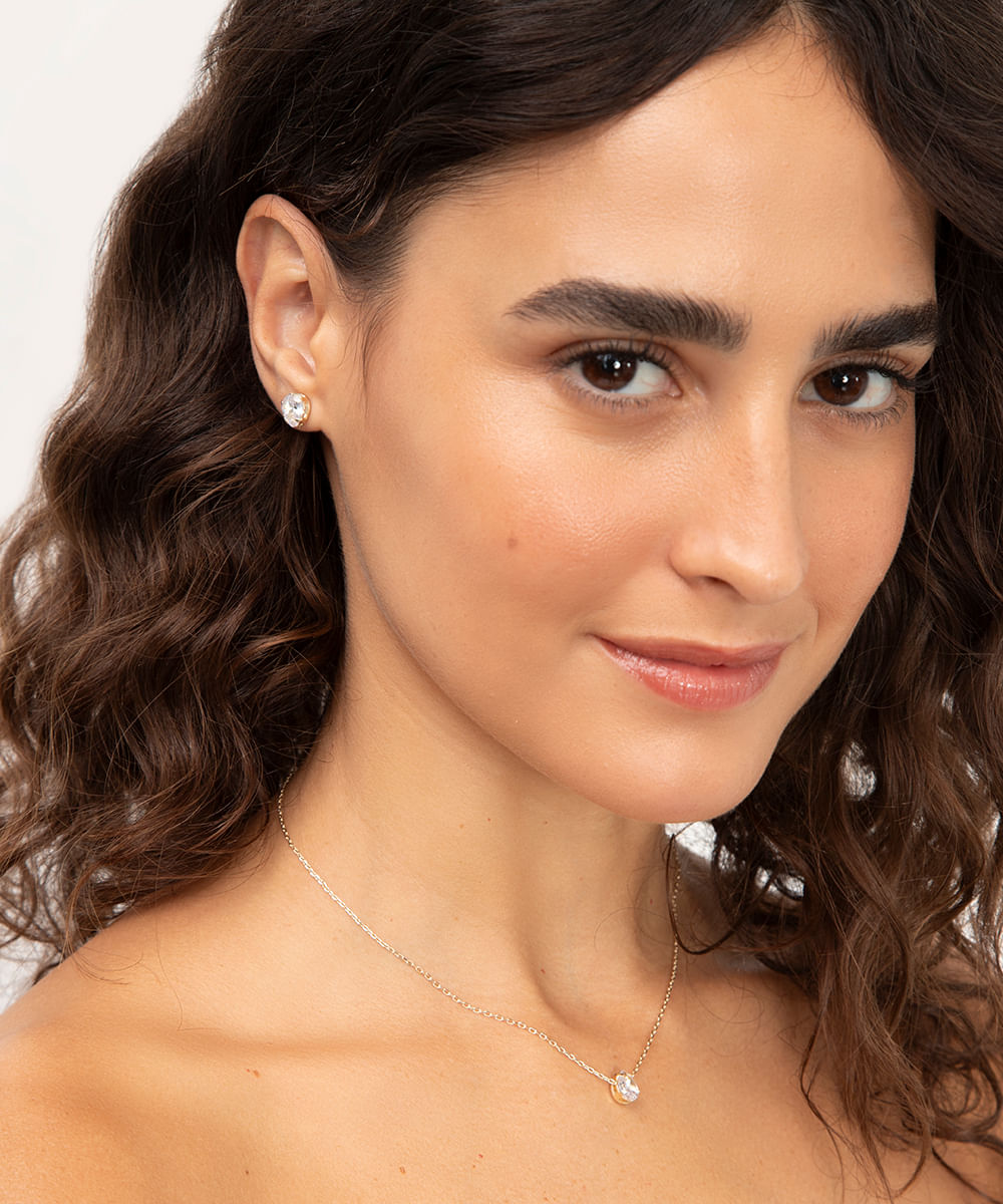kit de brincos com colar gota de strass dourado