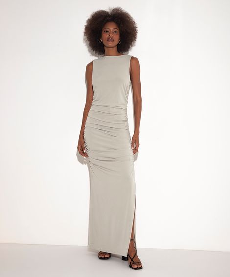 vestido longo drapeado com fenda mindset cinza claro