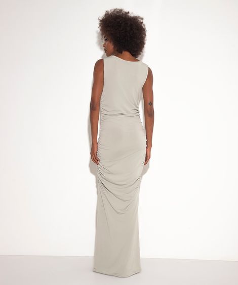 vestido longo drapeado com fenda mindset cinza claro