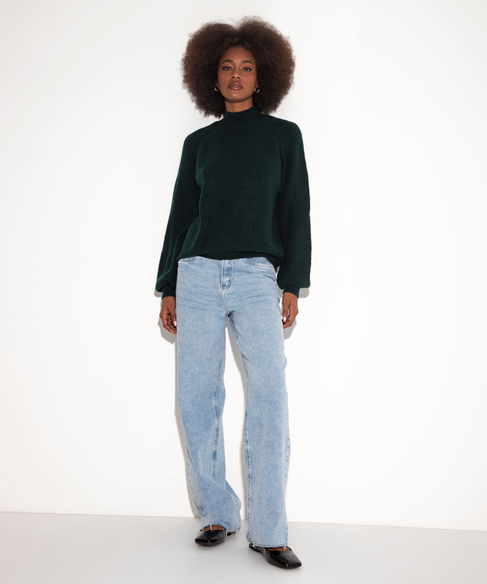 suéter de tricot canelado mindset verde escuro
