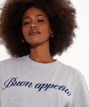 camiseta de algodão bordada buon appetito mindset cinza