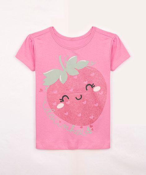 camiseta  de algodão infantil morango com glitter rosa