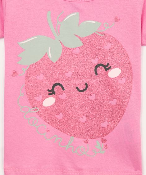 camiseta  de algodão infantil morango com glitter rosa