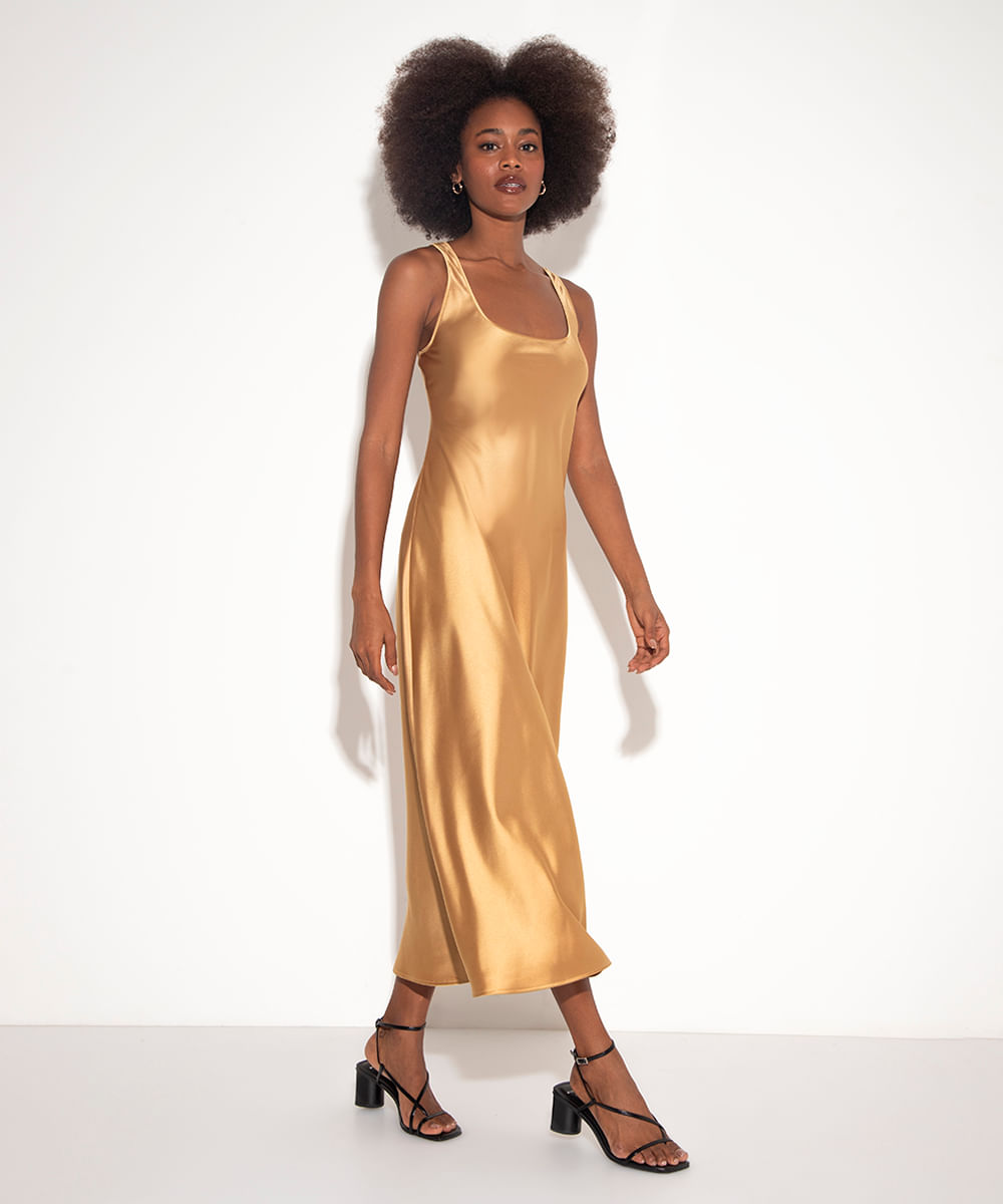 vestido longo de cetim mindset dourado