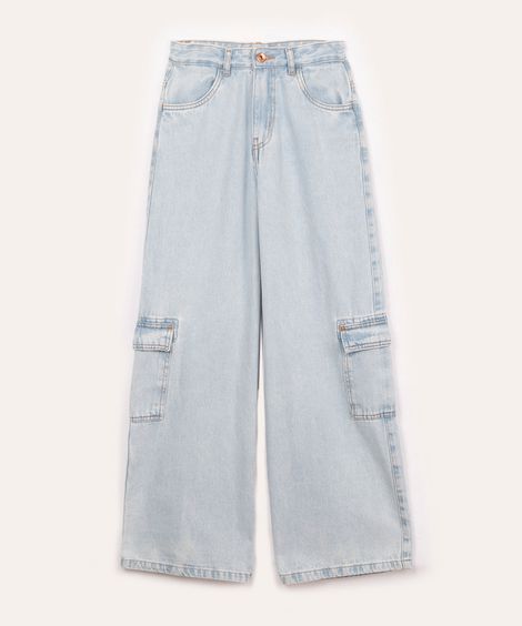 calça jeans wide leg cargo juvenil azul claro