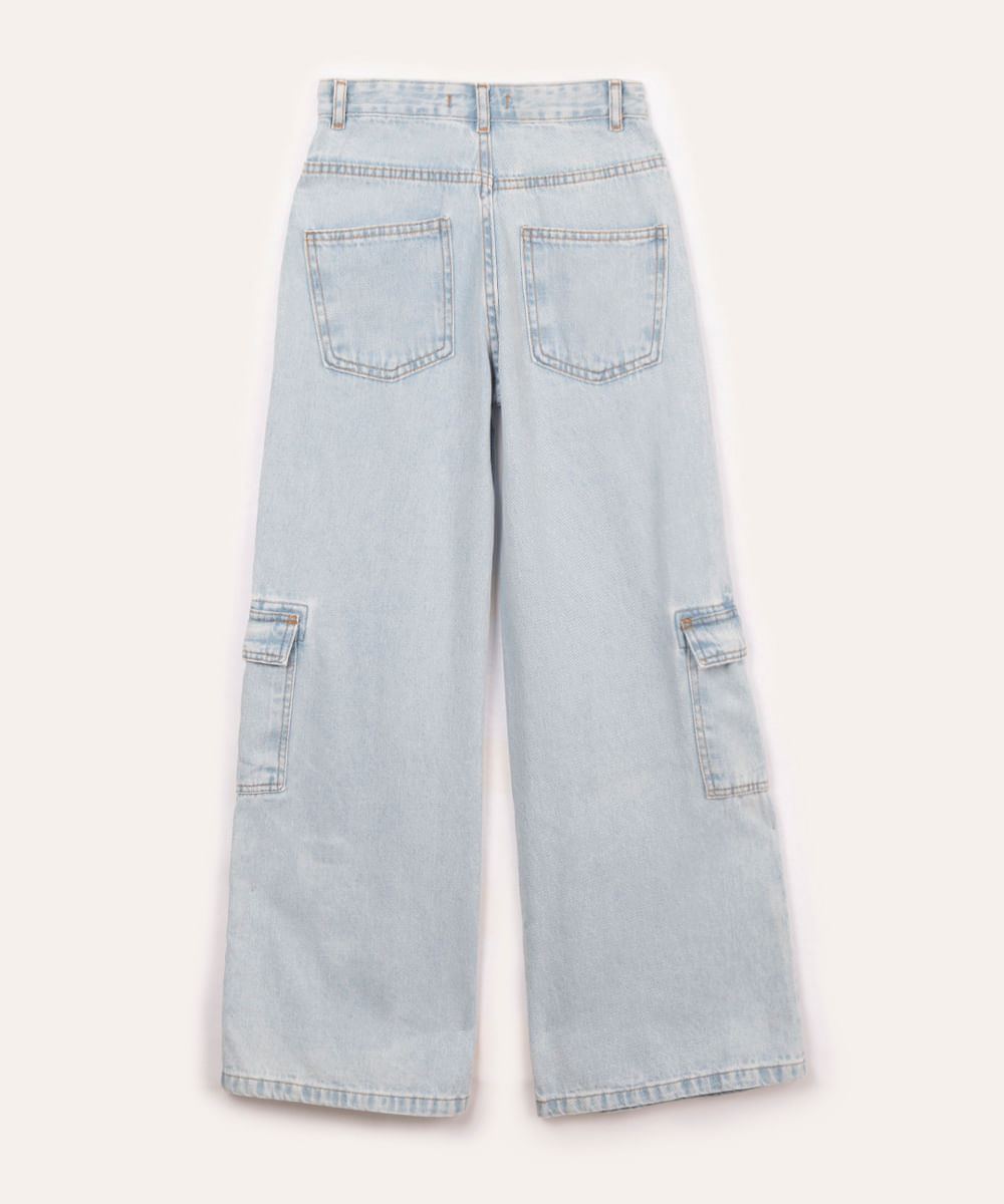 calça jeans wide leg cargo juvenil azul claro
