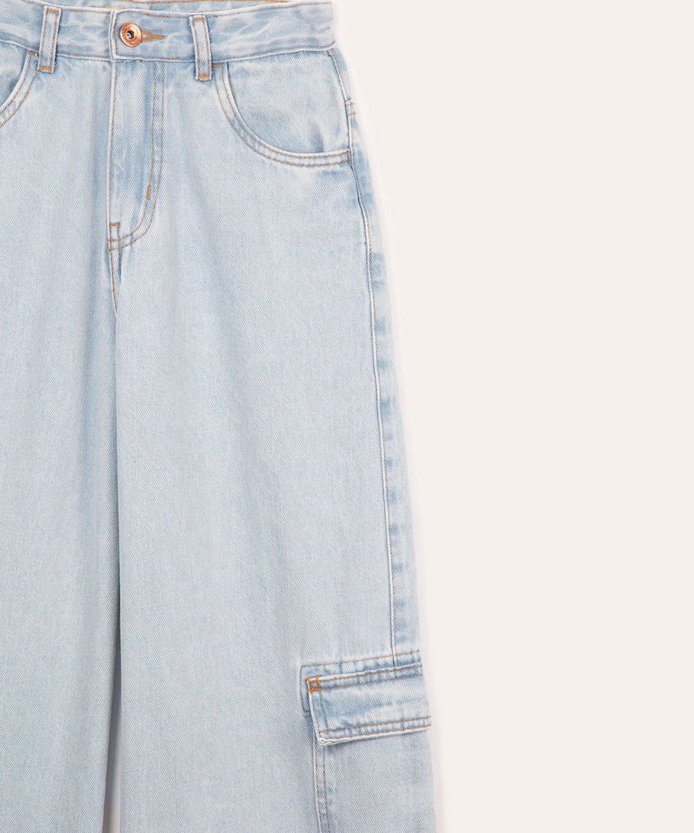 calça jeans wide leg cargo juvenil azul claro