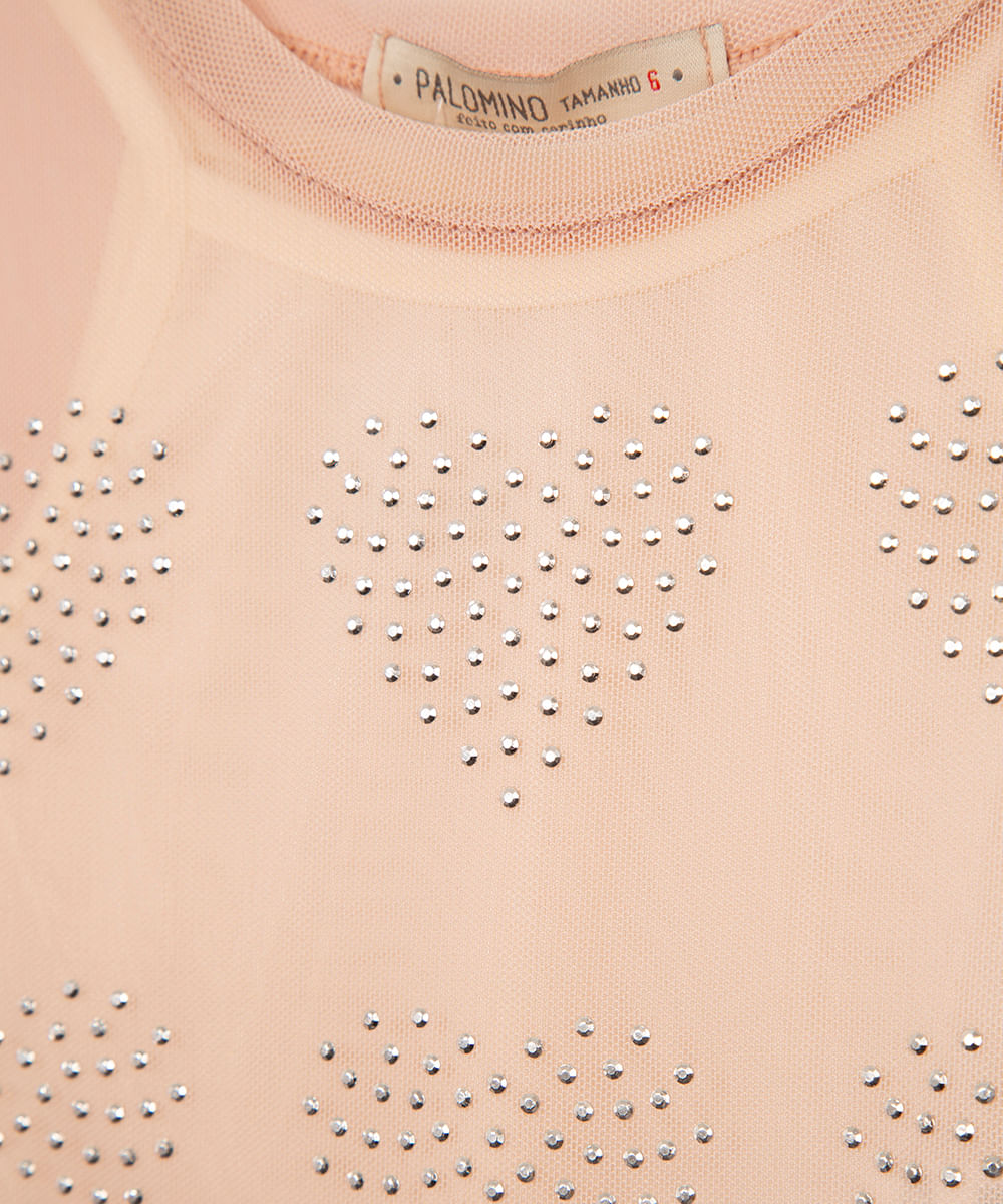 blusa de tule infantil corações com strass bege