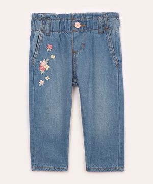 calça jeans infantil bordado de flores azul claro