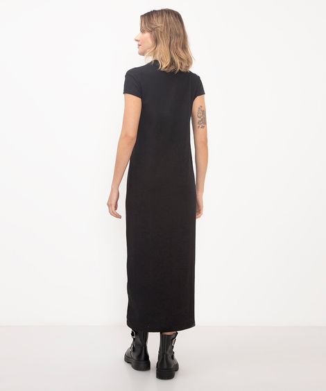 vestido midi de algodão canelado básico preto
