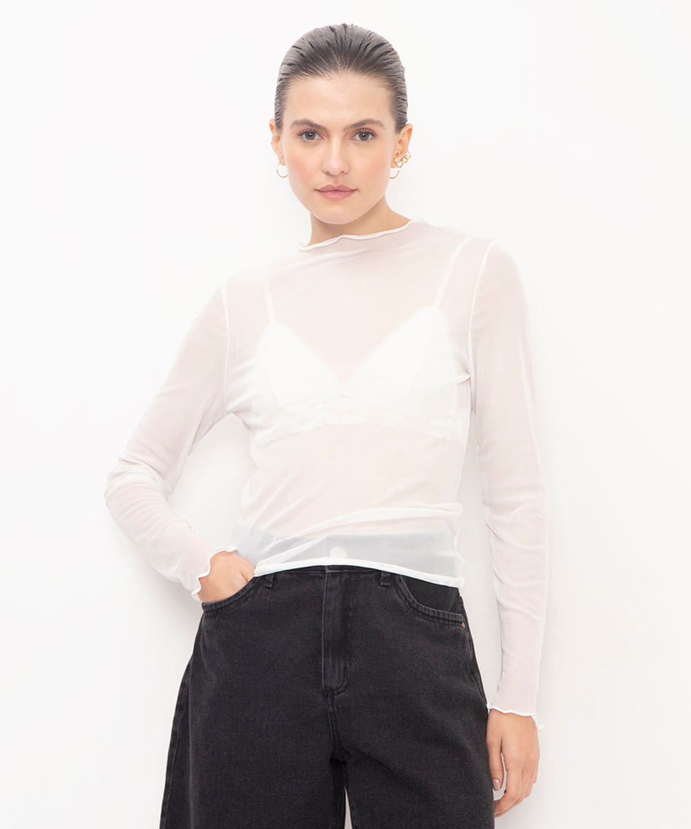 blusa de tule manga longa off white