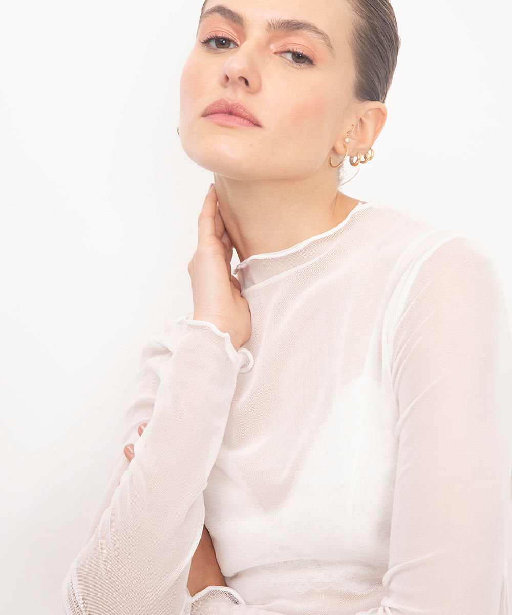 blusa de tule manga longa off white