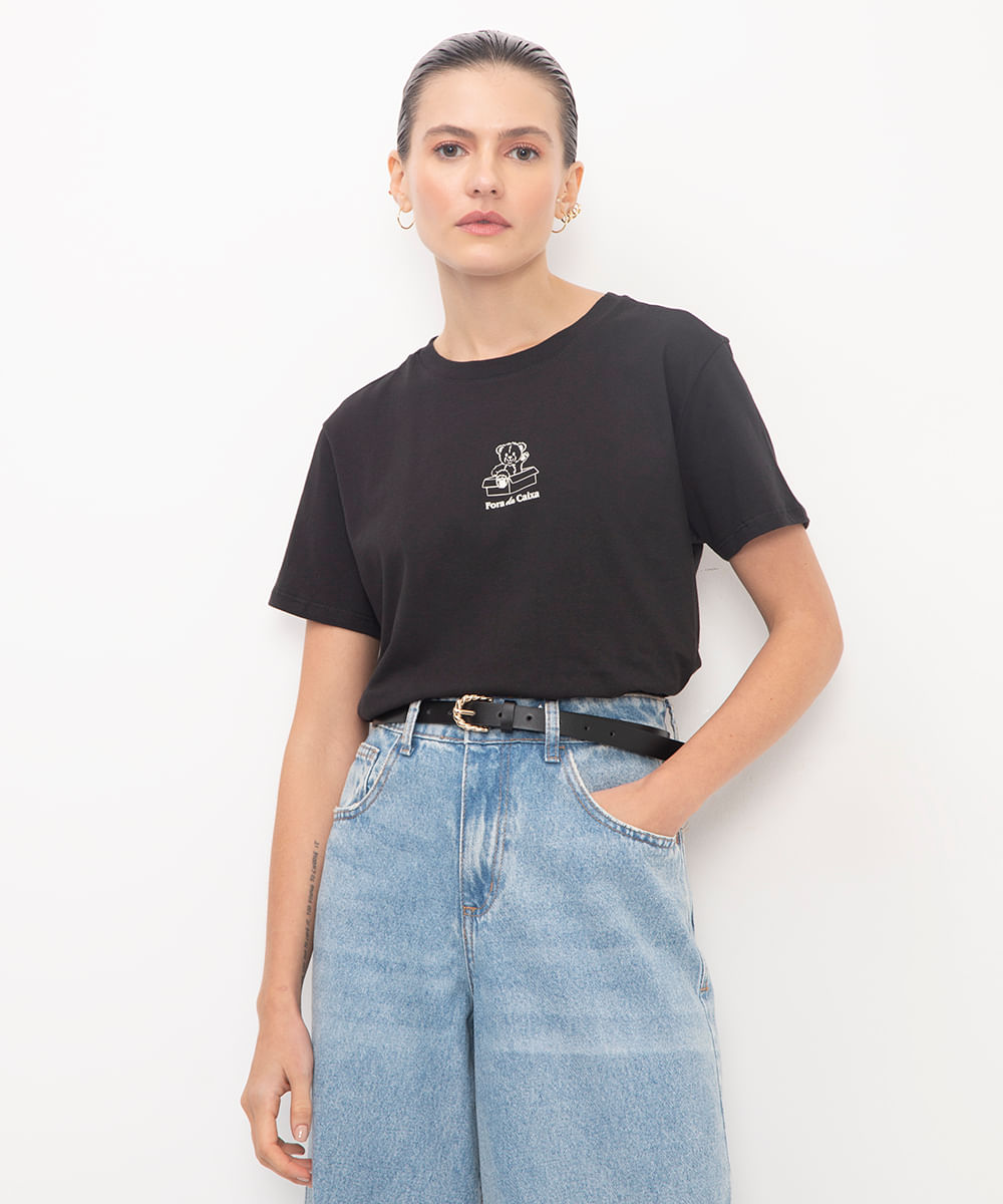 camiseta de algodão fora da caixa manga curta off white - preto