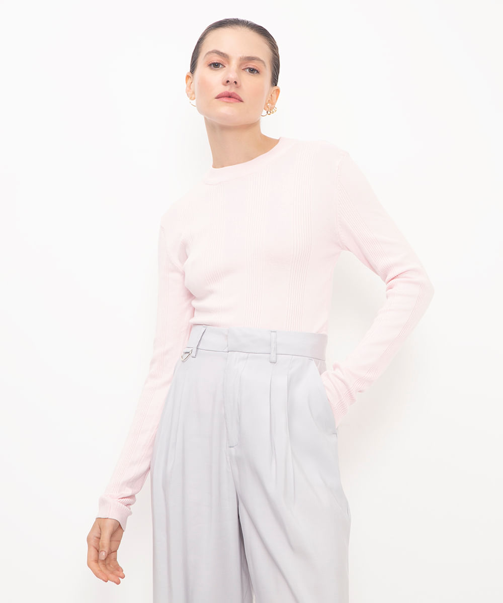 suéter básico de tricot canelado - pink claro